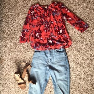 Lucky Brand Coral Floral Print Sheer Quarter Sleeve Blouse XS
